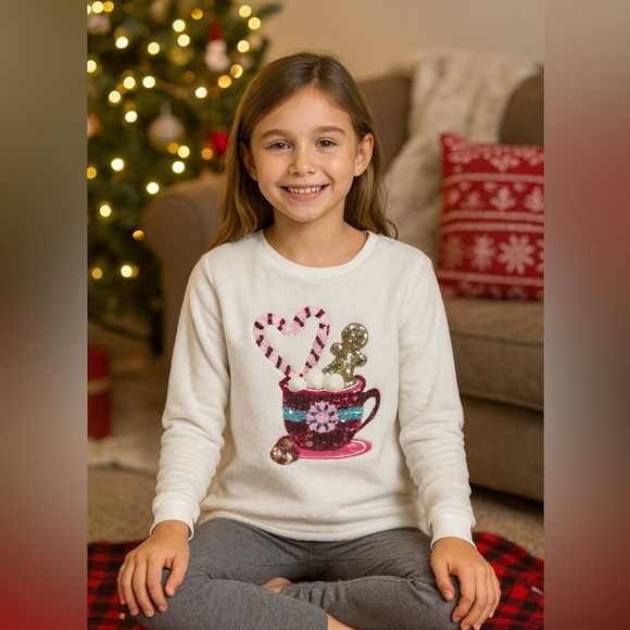 Cynthia Rowley Other - Cynthia Rowley Girl’s Holiday Fuzzy Sequin Hot Cocoa Sweater Size Large